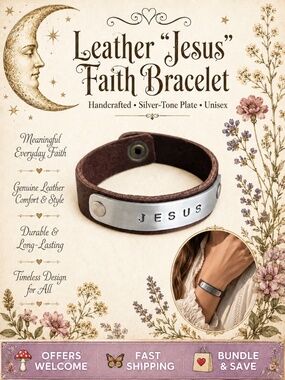Handmade Leather “Jesus” Bracelet Silver‑Tone Plate Unisex 9”